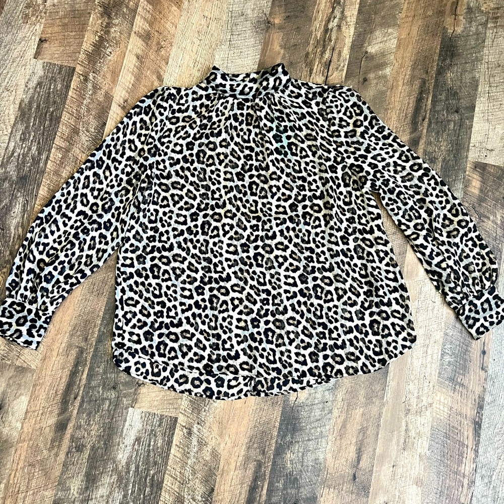 H&M sheer shirt mock neck with button detail, cuffed button sleeve size medium